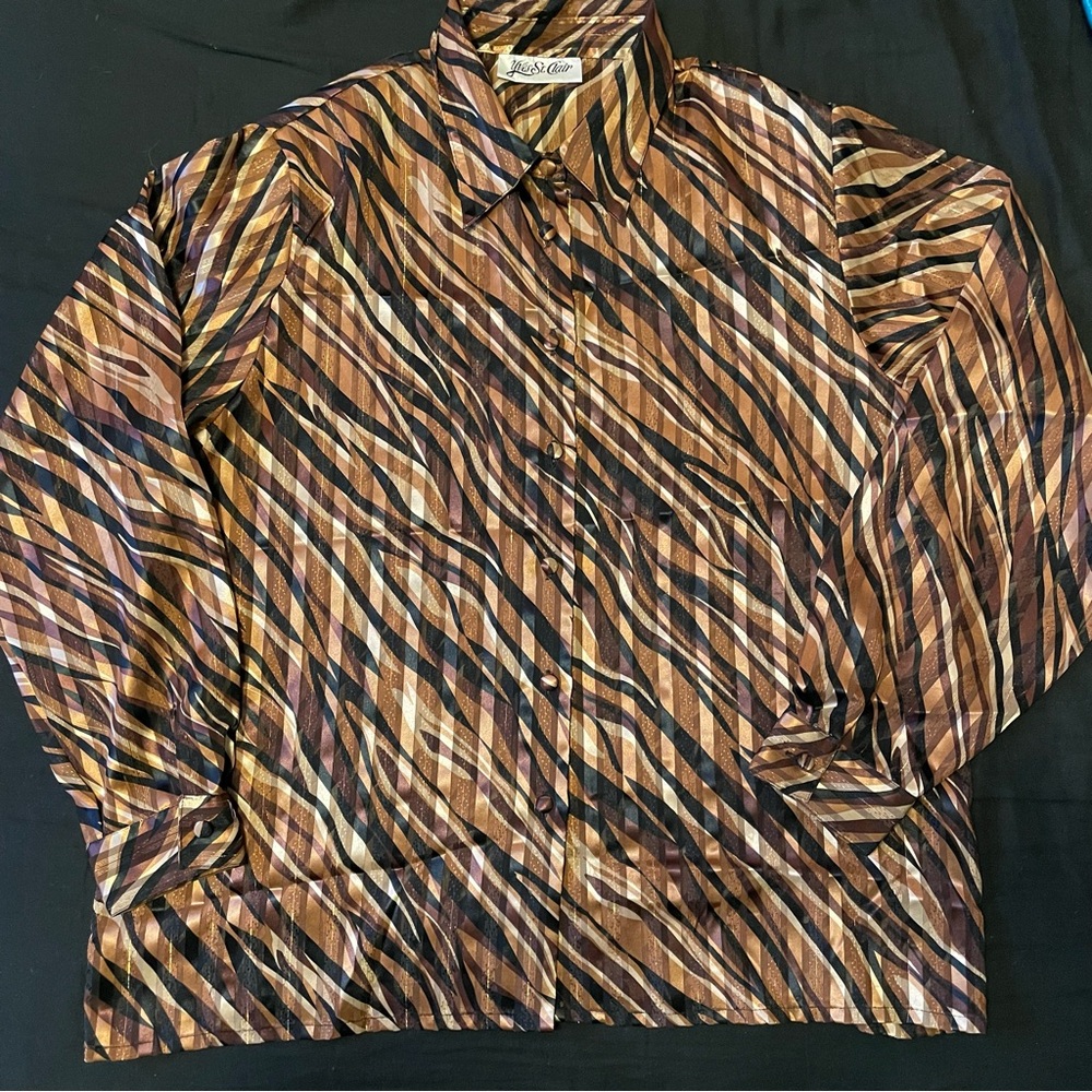 Yves St Clair Semi Sheer Brown Long Sleeved Blouse with golden metallic thread